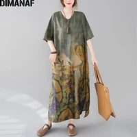dimanaf oversize women dress vintage chinese style vestidos summer sundress loose print floral elegant lady maxi dress 4xl 5xl