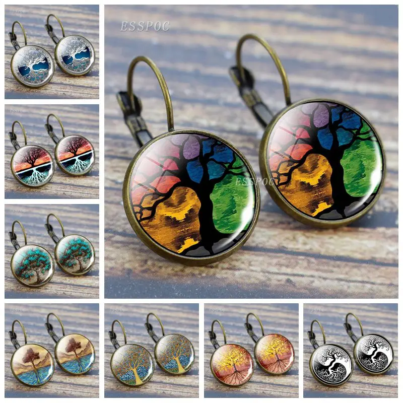 Женские винтажные серьги Дерево жизни стеклянный кабошон ранние ретро ювелирные