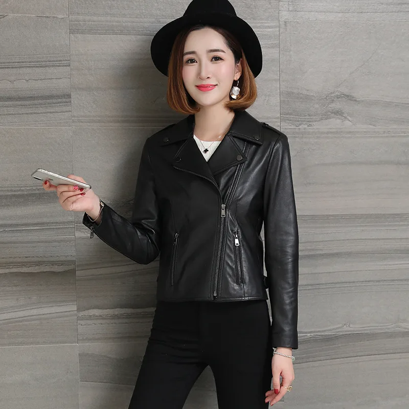Short Black Slim Women Sheepskin Genuine Leather Coat Classic High Quality Lapel Oblique Zipper Motorcycle Streetwear Jacket
