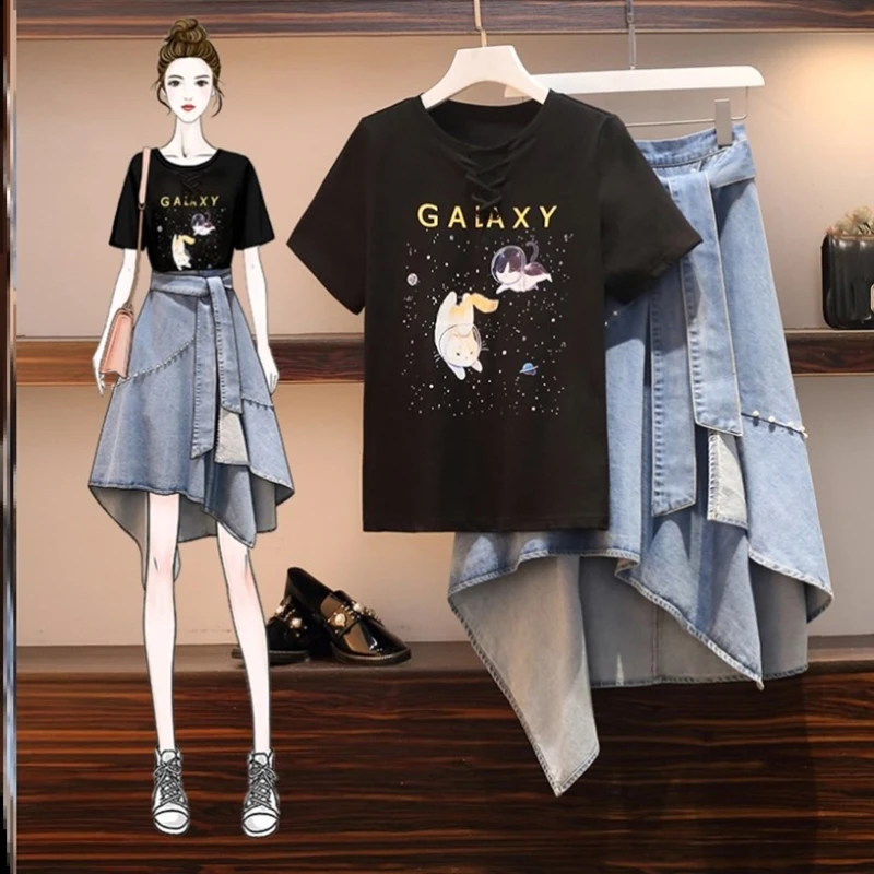 

Sets Temperament Short-Sleeved Shirt Denim Short Skirt Women's Two-piece Set Summer New Slimming Denim Skirt Two-piece Suit Z783