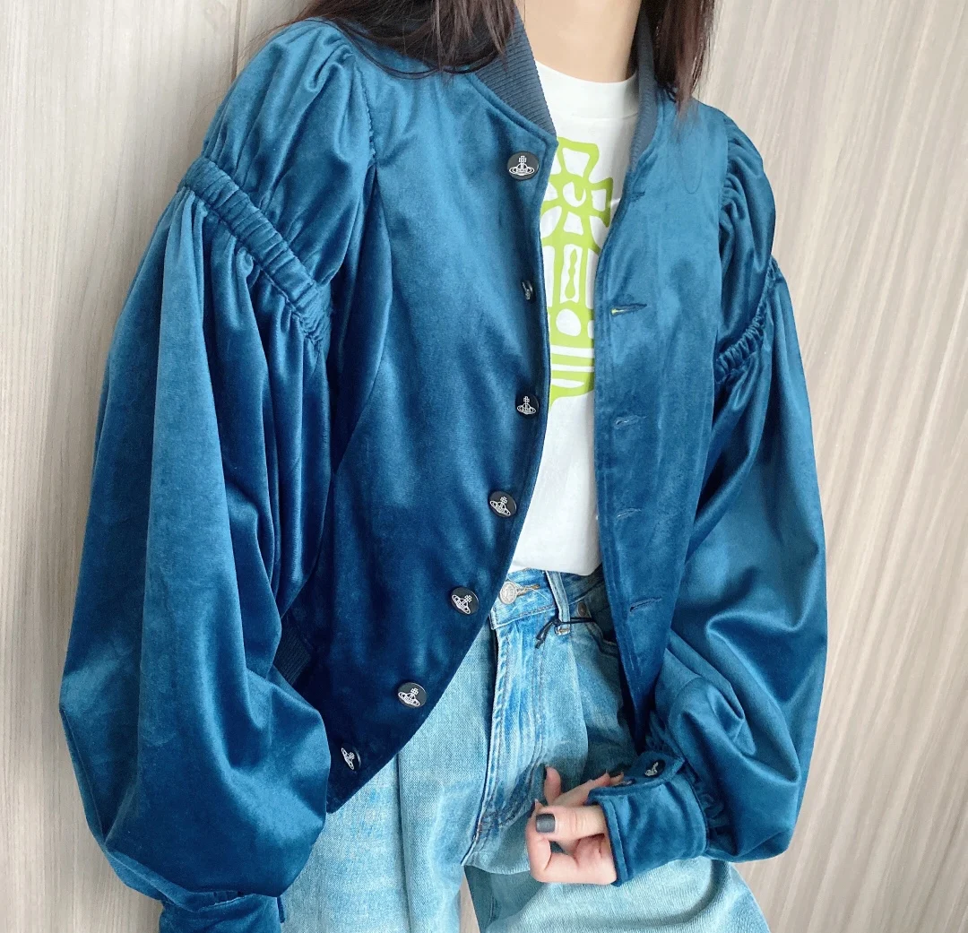 

New Peacock Blue Corduroy Short Coat for Fall/winter 2021 Women Jacket