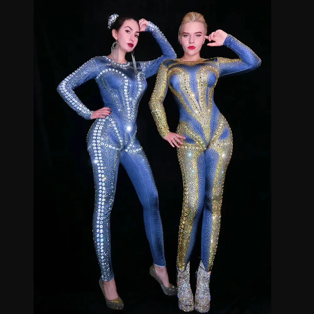 Party Nightclub Show Women Rhinestones Jumpsuit Elastic Tights Stage Rompers Sexy Pole Dancing Catsuits DJ Singer Costumes