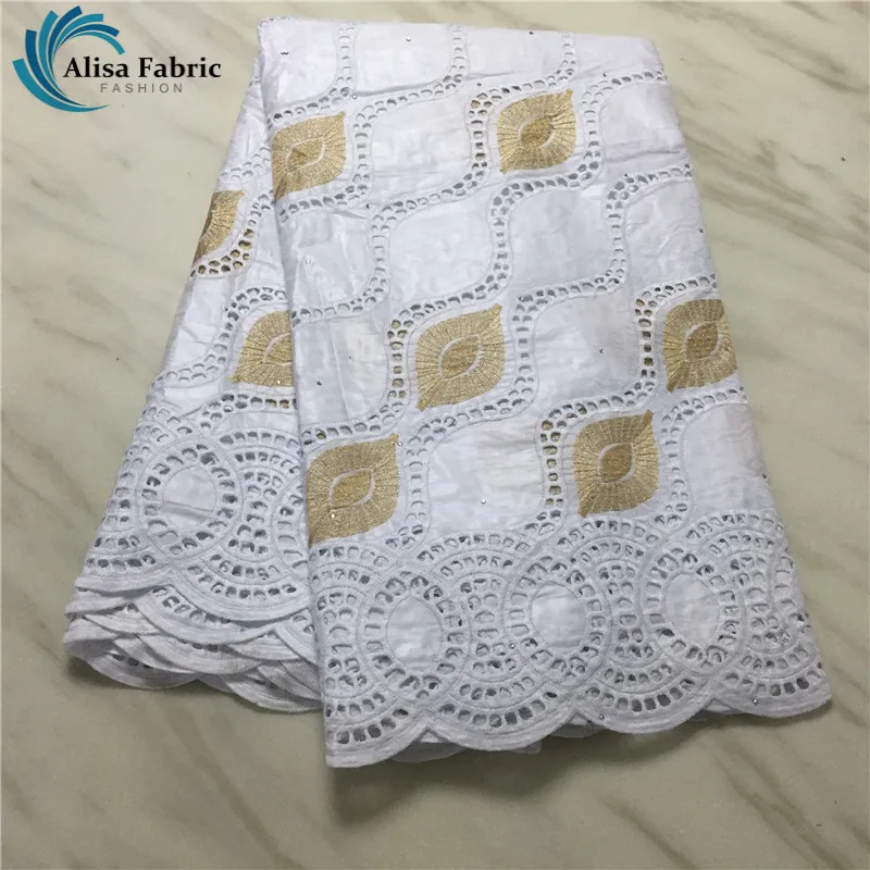 

Alisa white african bazin riche fabric 2020 high quality embroidery hollow out design cotton and polyester fabrics 5 yards/piece