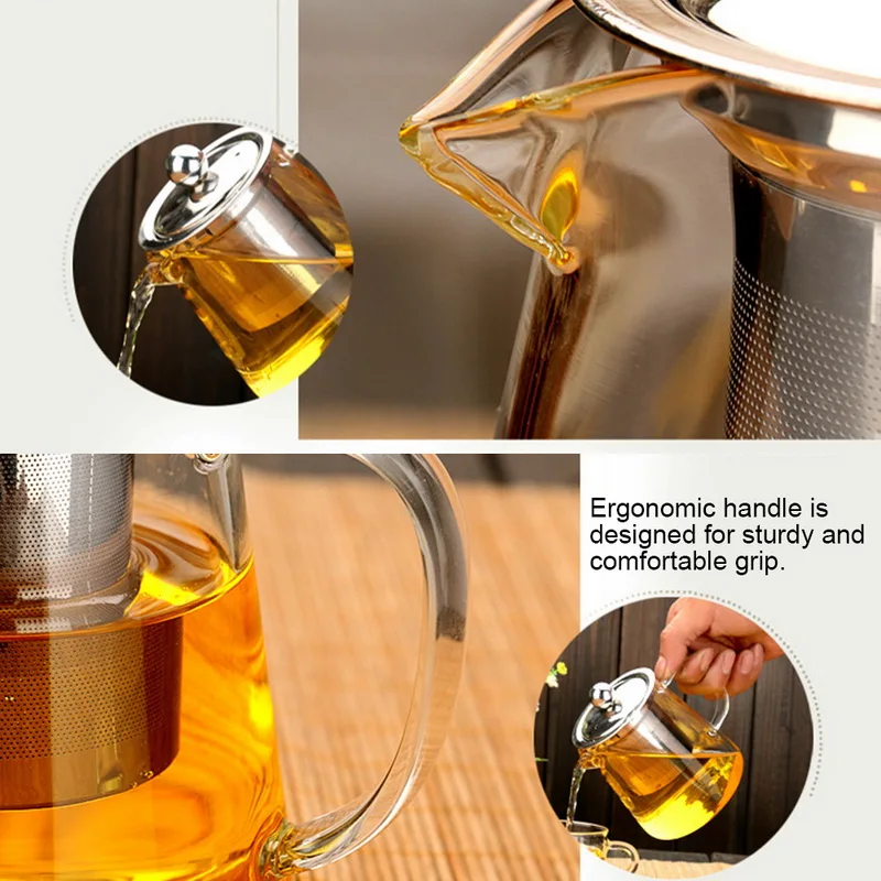Чайник из боросиликатного стекла на 350/550/750/950 мл с квадратным чайным фильтром и ручкой-накладкой для защиты от жара, для заваривания чая, молочных напитков, улун-чая и цветов.