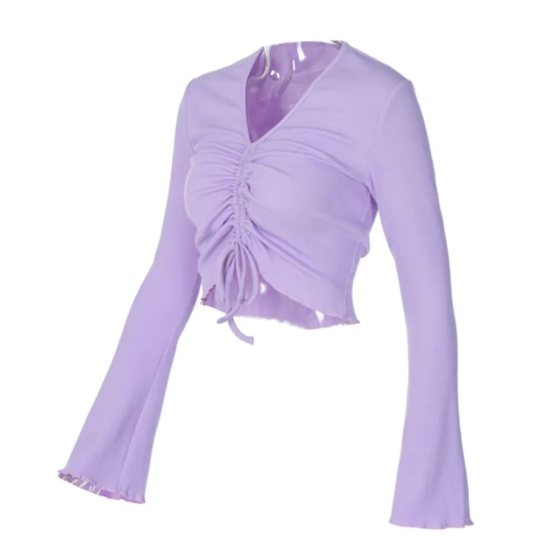 

Spring Autumn Women Fashion Long Sleeve V-neck Casual Top Stylish Drawstring Solid Color Crop Top for Ladies