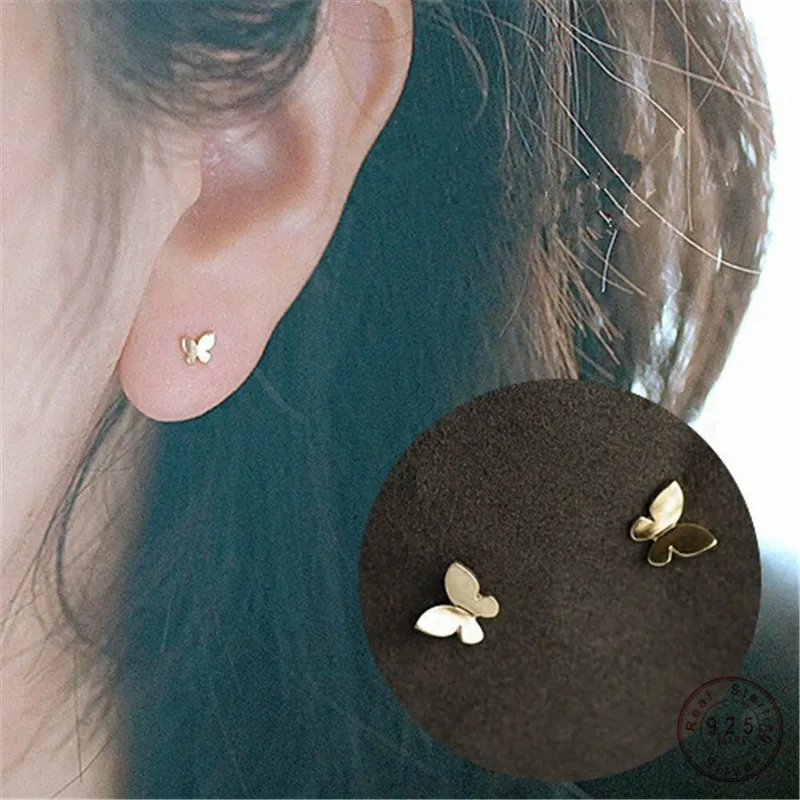 

925 Sterling Silver Plating 14k Gold Simple Shiny Glossy Butterfly Earrings Women Korean Sweet Student Jewelry Accessories