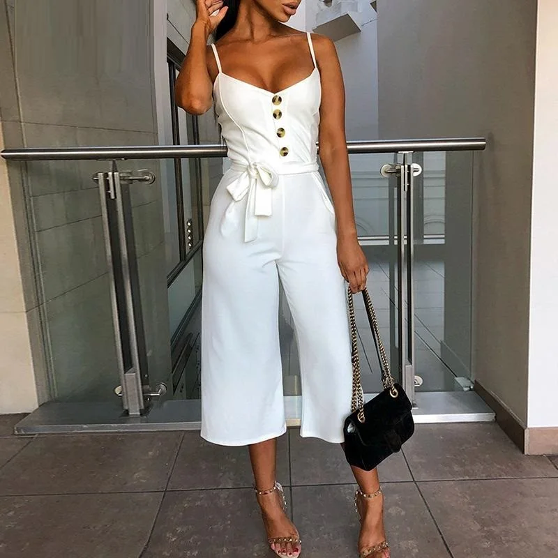 

Spaghetti Strap Rompers Womens Jumpsuit 2021 Summer Sexy V neck Lace Up Button Elegant Slim Ladies Wide Leg Overalls