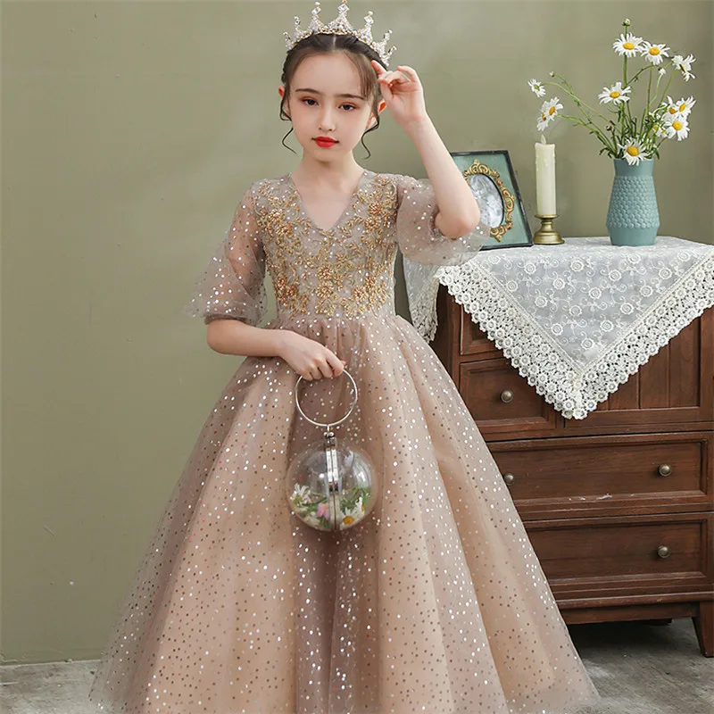 Summer Luxury 2021New Children Girls V-Collar Neck Birthday Evening Party Princess Lace Dress Kids First Communication Host Wear | Детская