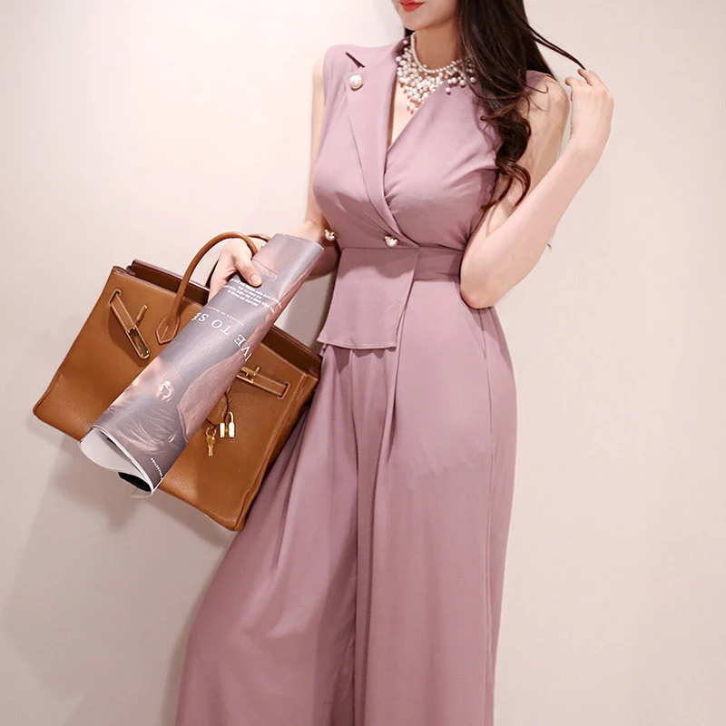 

new arrival fashion summer korean style jumpsuit women OL elegant sleeveless temperament young fresh work style long jumpsuit