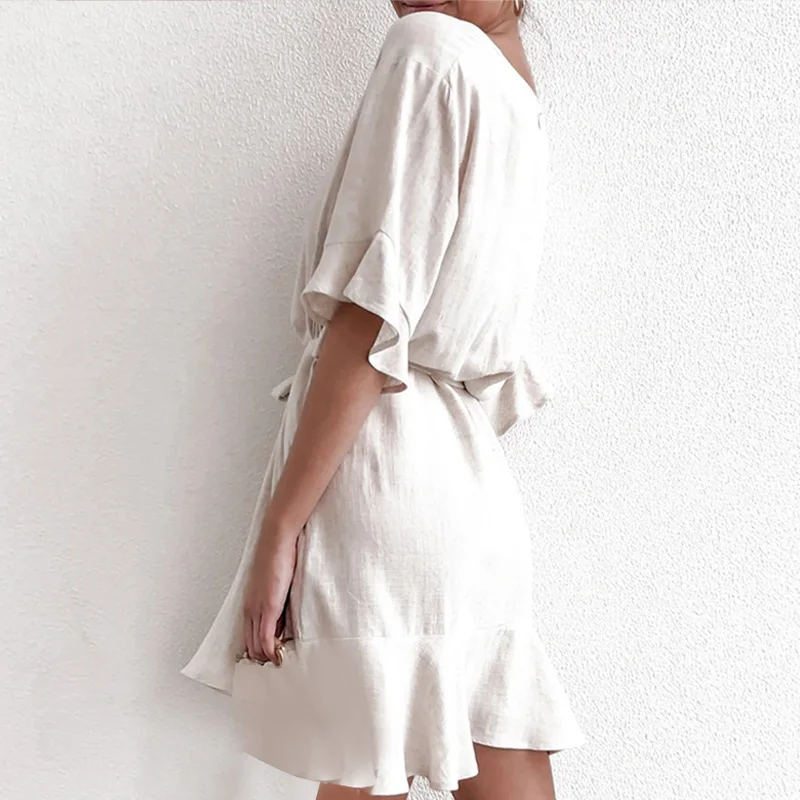 

2021 New Style Cotton and Linen Dress Women's Short-sleeved Ruffled Sleeves V-neck Tie Women's Casual Solid Color Summer Dress