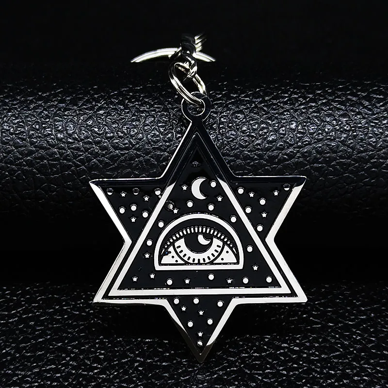 

2021 Fashion Hexagram Moon Stainless Steel Keyrings for Women/Men Black Enamel Key Chains Jewelry llaveros mujer K77770B