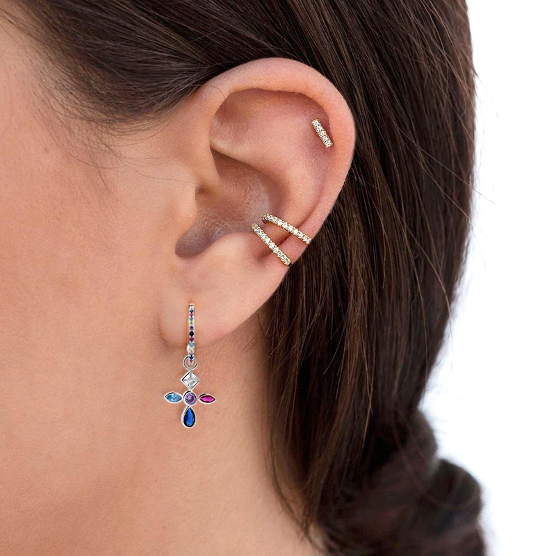 

Colorful Cross Stud Earrings for Women Creative C Shape Ear Studs Pendientes 925 Sterling Silver Earring RainbowJewelry Earring