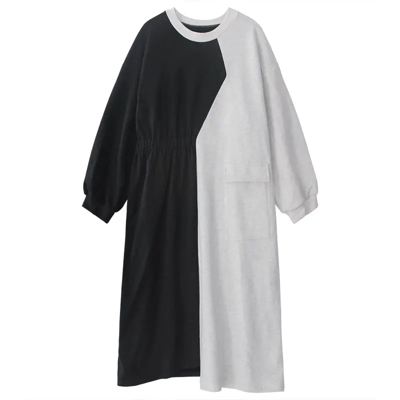 

XITAO Spring New Dress Fashion Splicing Irregular Pleated Contrast Color Simplicity O-neck Collar Pullover Women ZLL5375