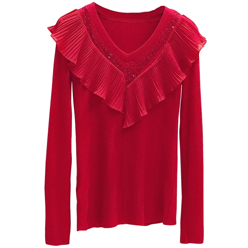 

Luxury Design Women's V Neck Long Sleeves Ruffles T-Shirt 2020 Autumn Female Pullover Casual Tops Tees A3886