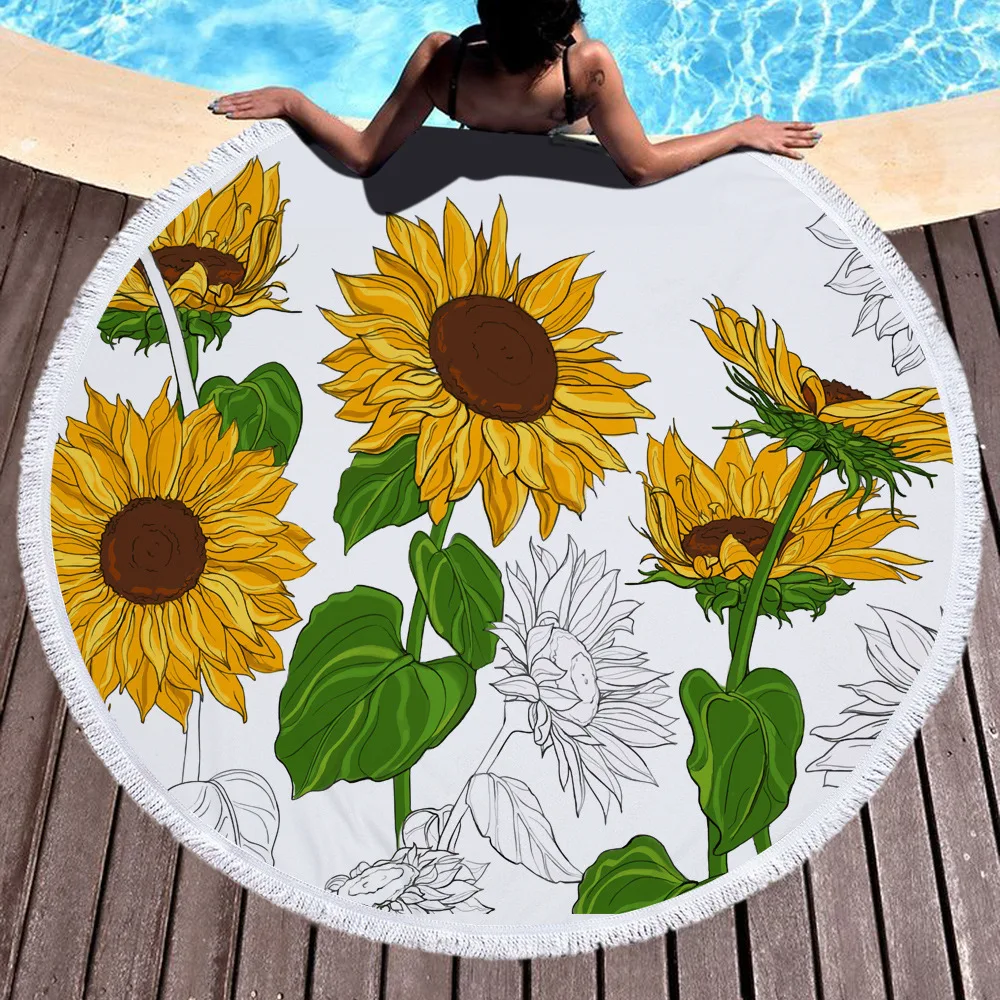

Field Sunflower Printed Large Round Beach Towel Microfiber Round Fabric Bath Towels For Living Room Home Decorative
