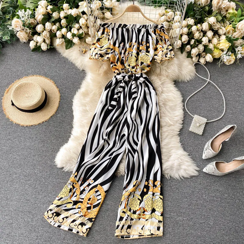 

2021 Rompers Womens Jumpsuit Summer Casual Golden Print Long Overalls Spring Basic Fashion One Shoulder Streetwear Bodysuit