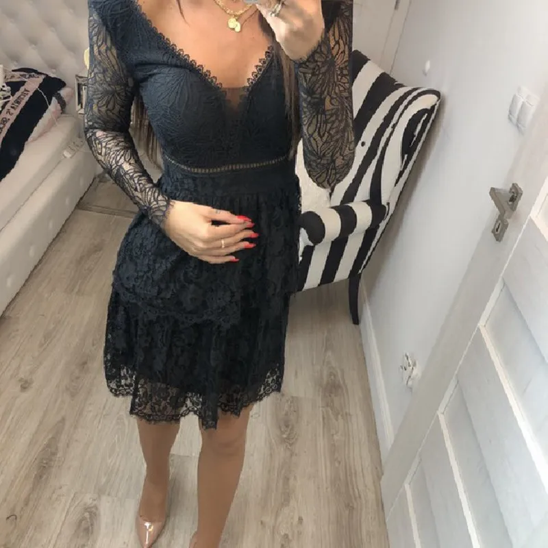 Женское элегантное черное кружевное платье сексуальные облегающие платья с V