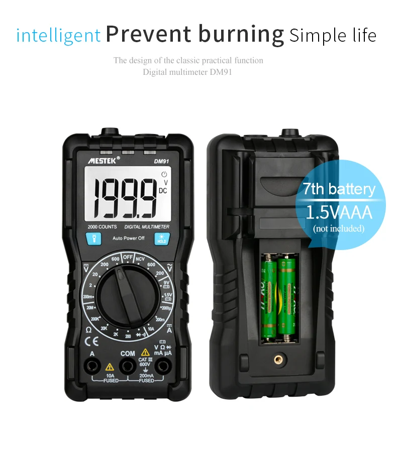 MESTEK DM91 NCV Цифровой мультиметр 2000 отсчетов HFE AC/DC измеритель напряжения светильник-вспышка задний светильник большой экран Амперметр тестовый ток