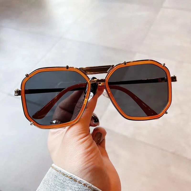 

SO&EI Fashion Polygon Square Sunglasses Women Retro Clear Anti-Blu-Ray Glasses Frame Men Double Bridges Sun Glasses Shades UV400