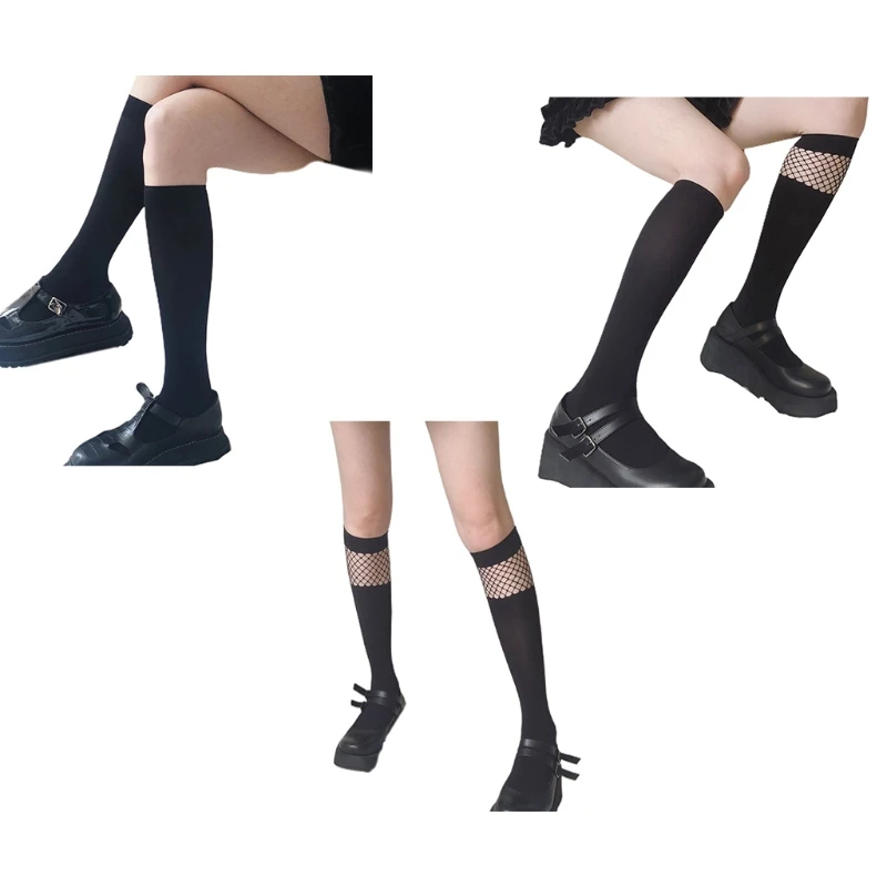 

Women Gothic Punk Black Knee High Long Socks Irregular Sheer Mesh Fishnet Patchwork Japanese Lolita Kawaii Stockings