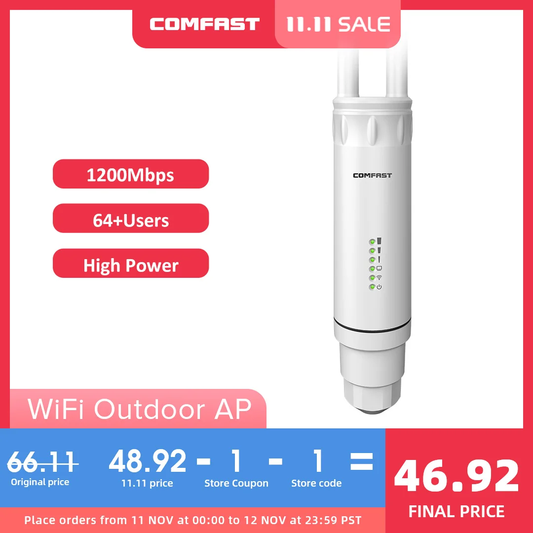 

Comfast High Power AC1200 Outdoor Wireless Wifi Repeater AP/WIFI Router 1200Mbps Dual Dand 2.4G+5Ghz Long Range Extender PoE AP