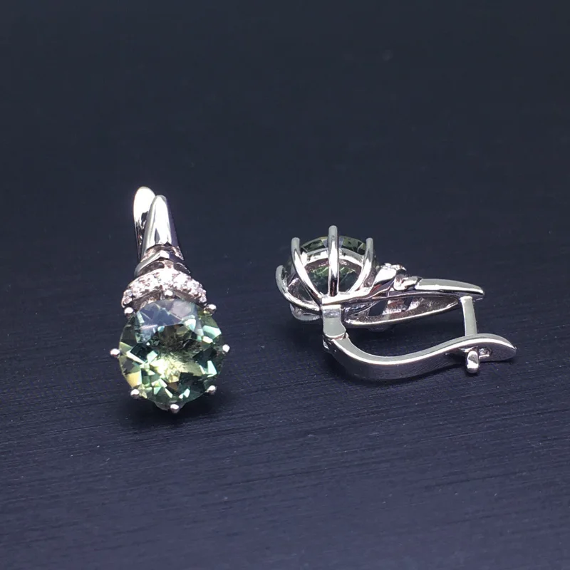 Серьги CSJ из серебра 925 пробы с натуральным зеленым аметистом 8 мм 5 карат |