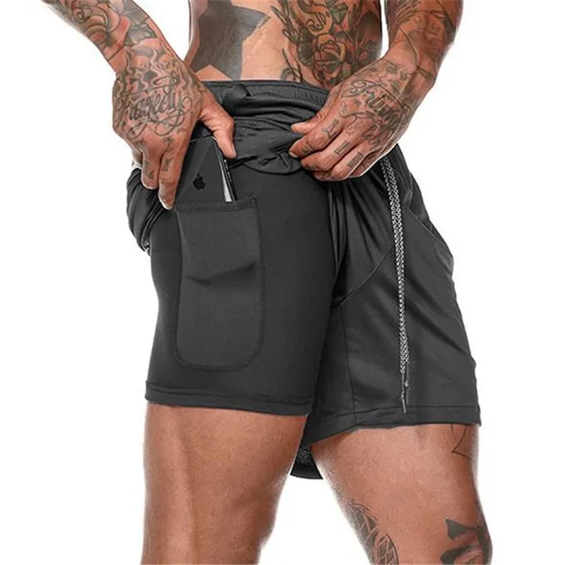 Double layer Jogger Shorts Men 2 in 1 Short Pants Gyms Fitness Built-in pocket Bermuda Quick Dry Beach Shorts Male Sweatpants