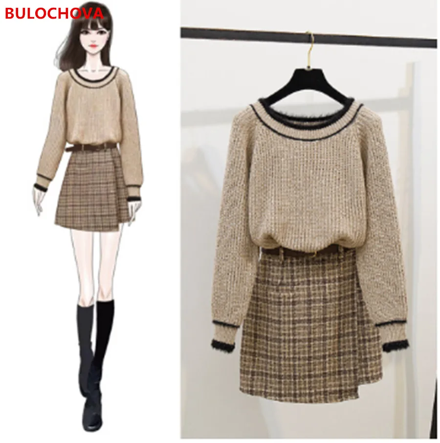 Женская Осенняя одежда большие Размеры вязаный комплект со свитером из 2019