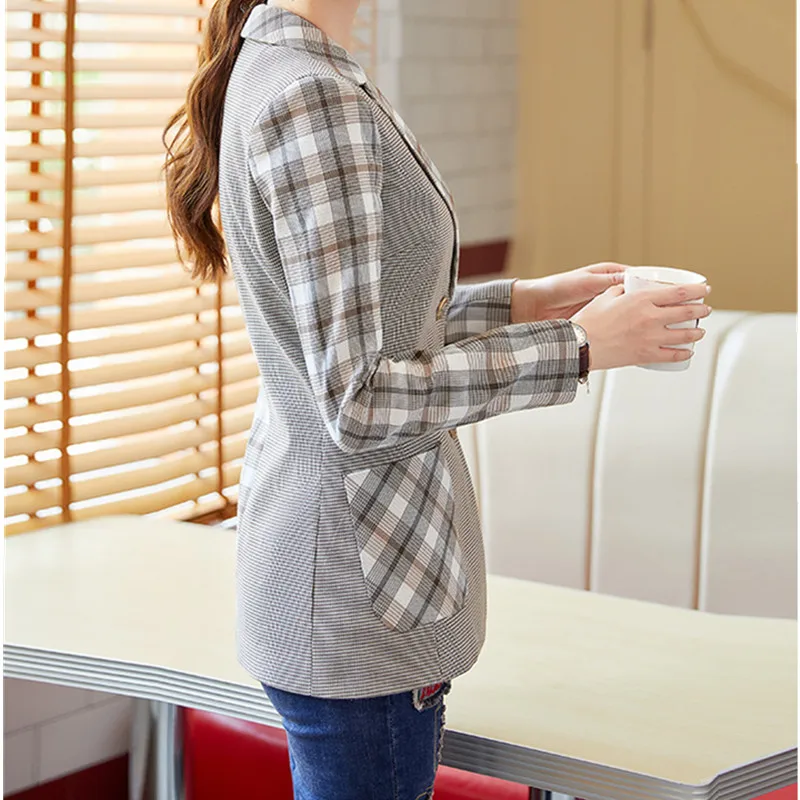 Женский блейзер в клетку офисный пиджак с длинным рукавом западном стиле модель