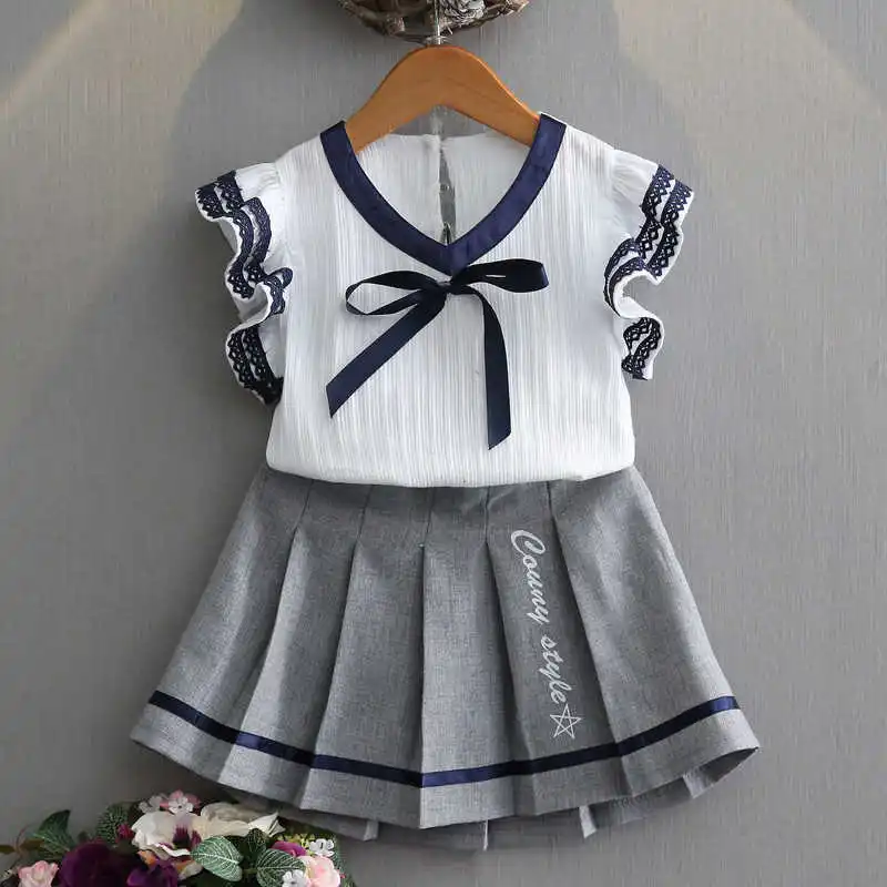 

Summer Girls' Clothing Sets Korean Lace Short-sleeved College T-Shirt+Pleated Skirt+ Bow Tie 2PCS Uniforms Kids Children Clothes
