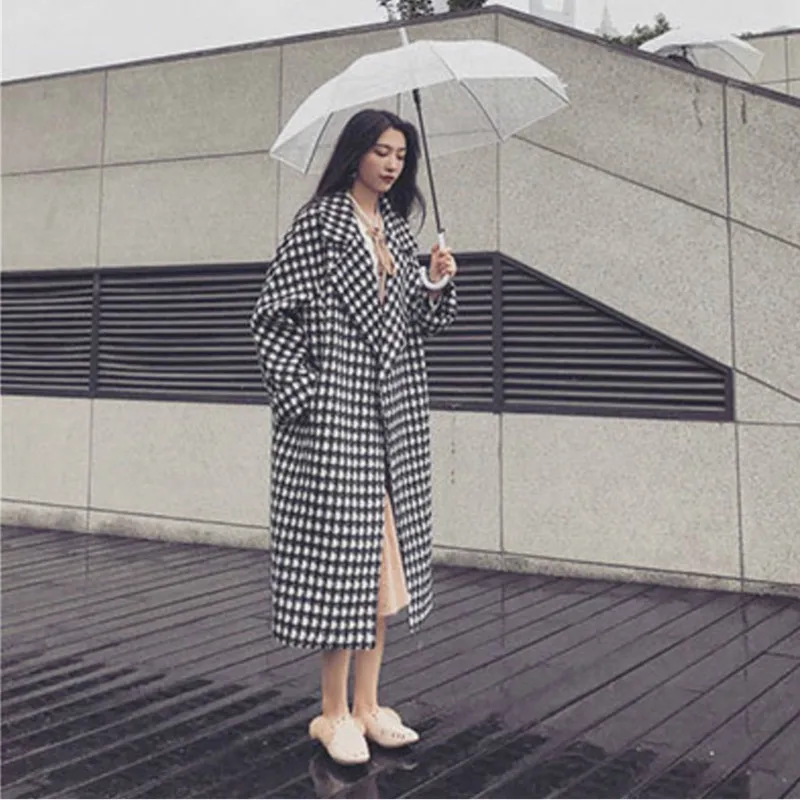 Длинная секция корейское студенческое пальто осень зима черно-белая куртка