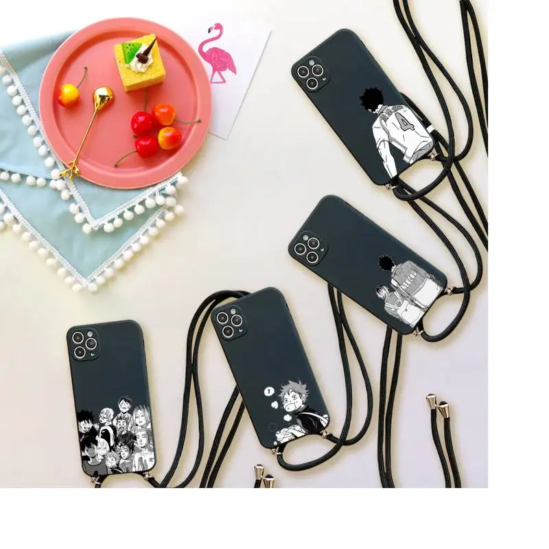 

Cute Japan Anime Oya Haikyuu Phone Case For iPhone 7 8 11 12 X XS XR MINI Pro Max Plus Strap Cord Chain Lanyard soft
