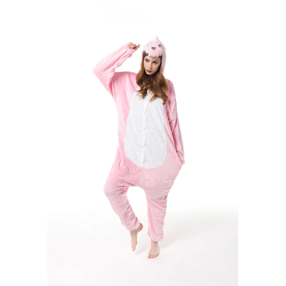 Pink Onsie Women Adult Animal Unicorn Cartoon Pajamas Winter Flannel Hooded Warm Unisex Sleepwear Holiday Party Cosplay Costume