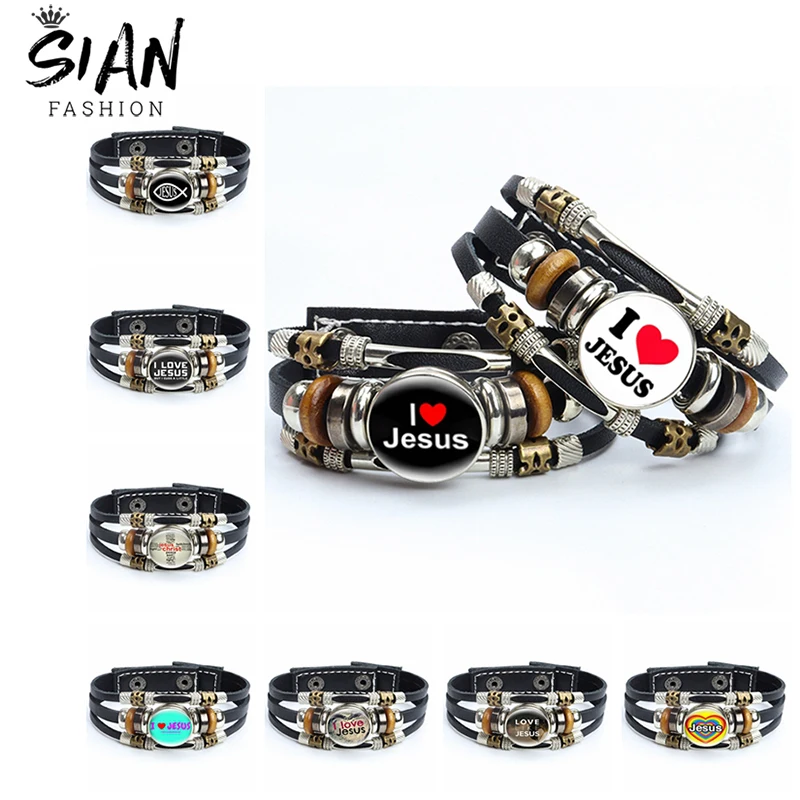 

Religious I Love Jesus Braided Leather Bracelets for Women Men Multilayer Beads Bracelets Bangles Punk Christian Jewelry Gifts