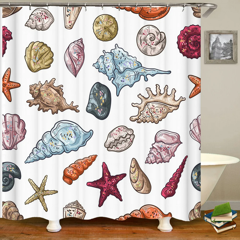 

Cartoon Seashell Shower Curtains Children lovely Bathroom Curtains 3d Printed Waterproof Cloth Decor With Hooks Bath Curtains