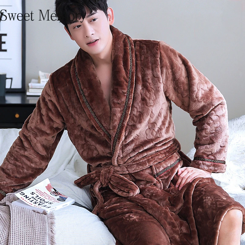 

2020 Sweet Memory Man Grey Pijamas Robe Autumn Winter Flannel Warm Sleepwear Men Thick Bathrobe Lounge Nightgown Leisure Clothes