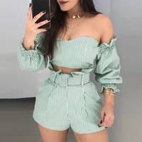 2021 summer sexy club women set off shoulder crop top and shorts set ruffle long sleeve two piece stripe set 2 piece outfit sets