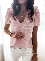 fashion v neck ruffle check polyester short sleeve shirt for women summer 2021