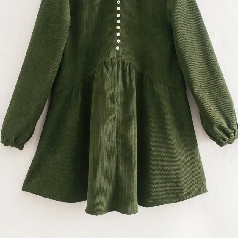 

Alldoke Vintage Green Dress Women Stand Lantern Sleeve Button Mini Dress Spring A-line High Waist Solid Dresses Vestidos Femme