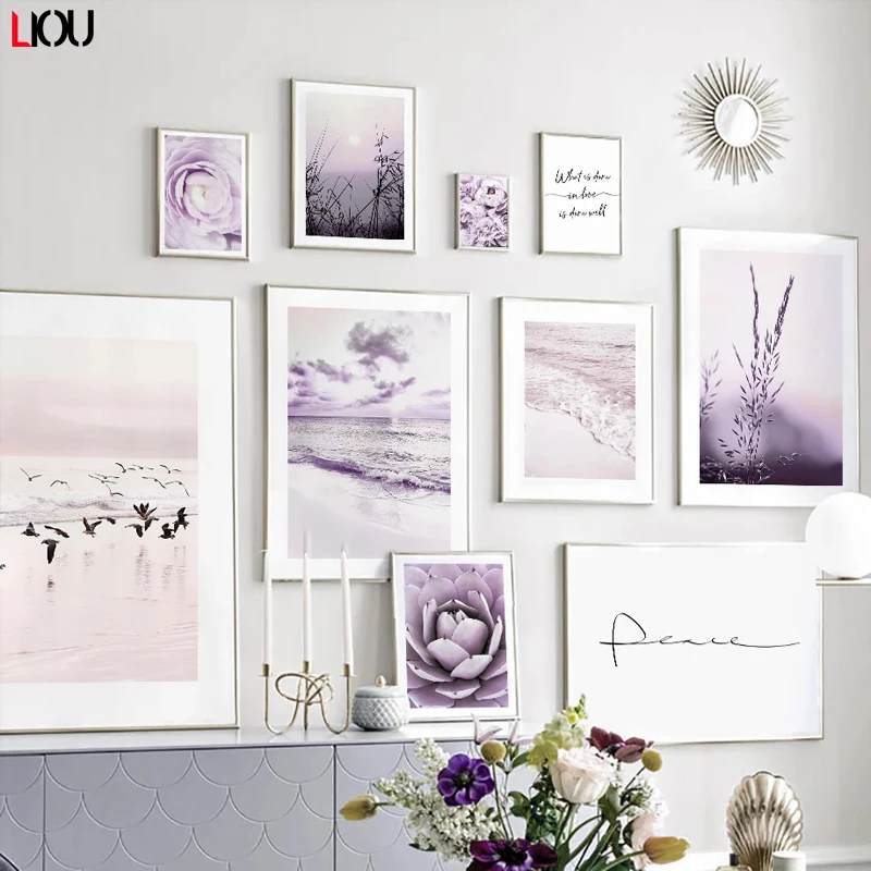 Картина холст фиолетовый sea purple pink peony seagull настенное искусство скандинавские