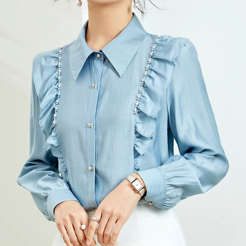 

Женская блузка с воротником «Питер Пэн» и оборками, с жемчужинами и бриллиантами, модная рубашка в Корейском стиле с длинным рукавом, белый ...