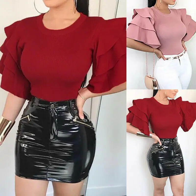 Повседневная футболка с оборками и круглым вырезом короткий рукав Новинка лета