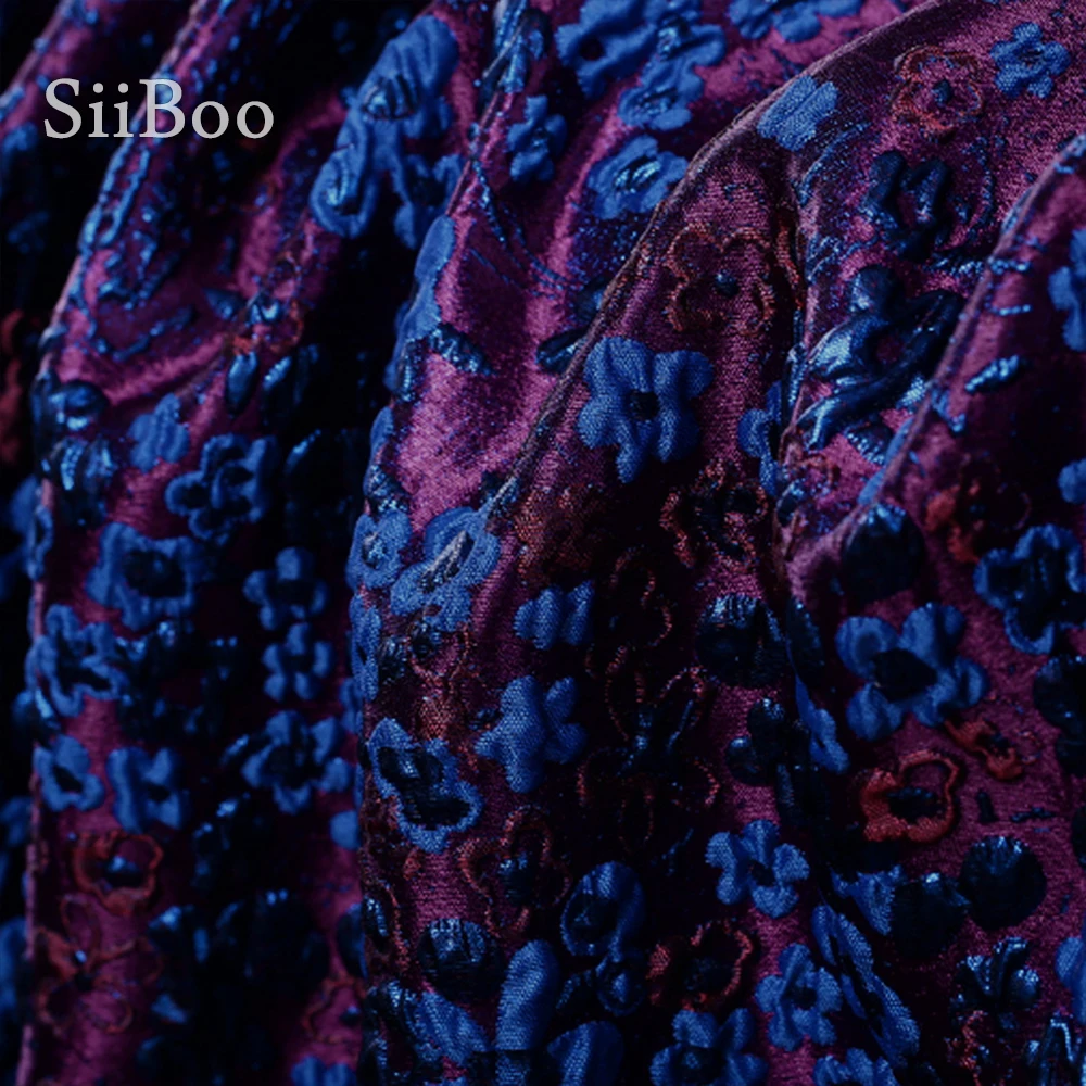 Жаккардовая парчовая ткань для костюма двусторонняя фиолетово-синяя с цветочным