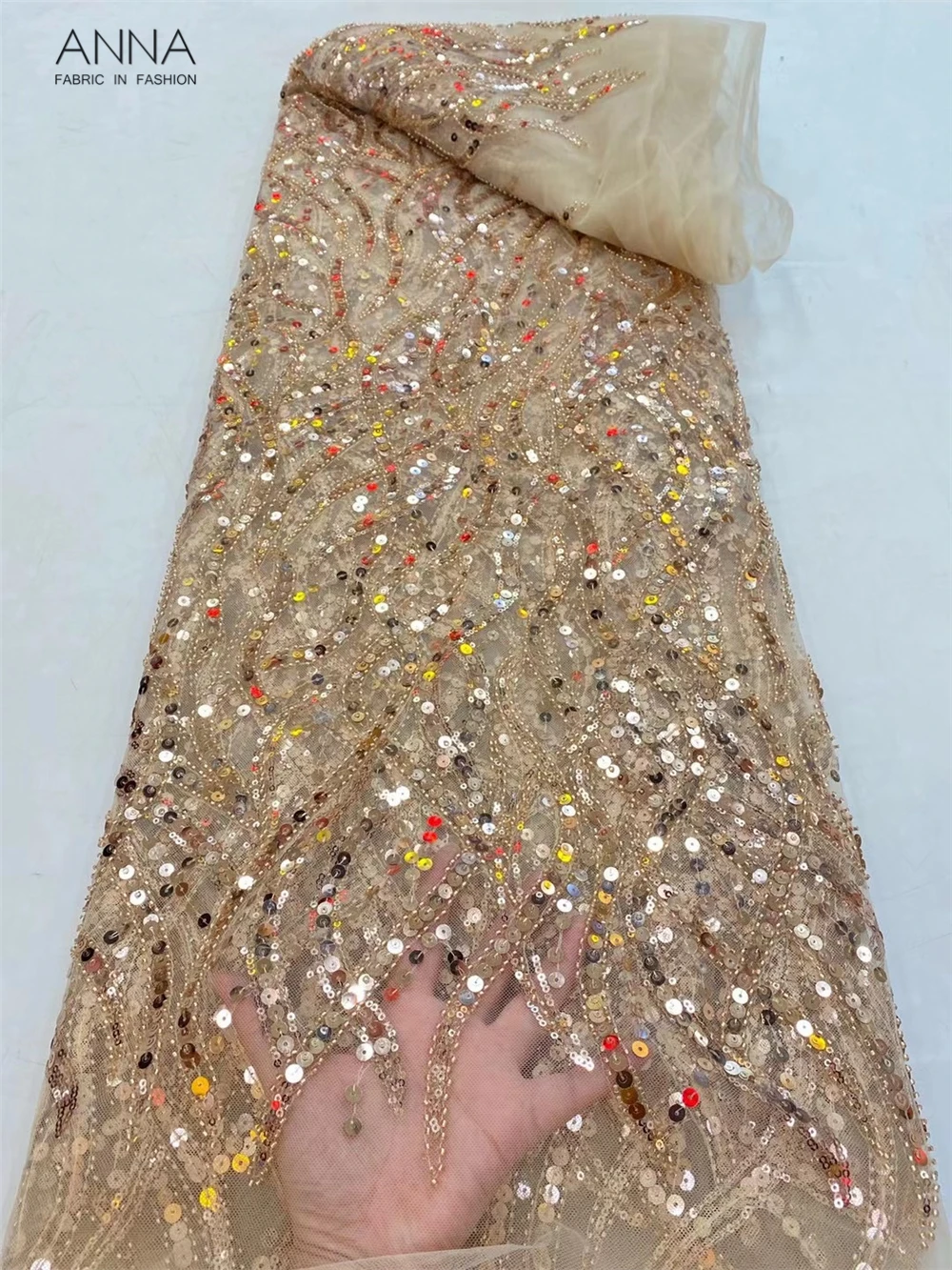 

Anna Sequin Fabric French Net Lace 5 Yards African Lace Fabric For Nigerian Wedding Sewing Women Dress Fashion Party Costume New