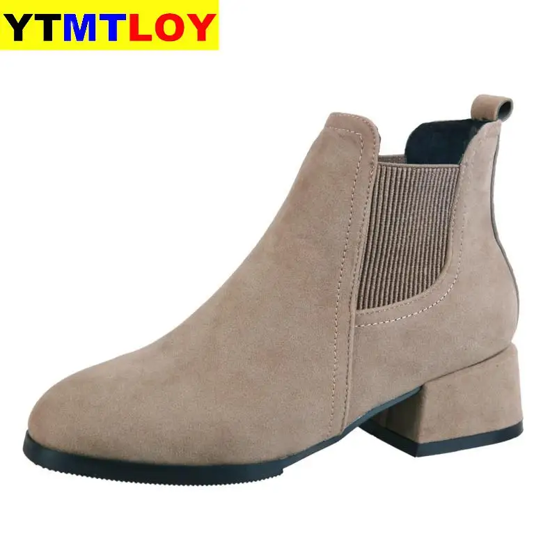 Женские замшевые ботильоны на толстом каблуке черные ботинки челси без шнуровки