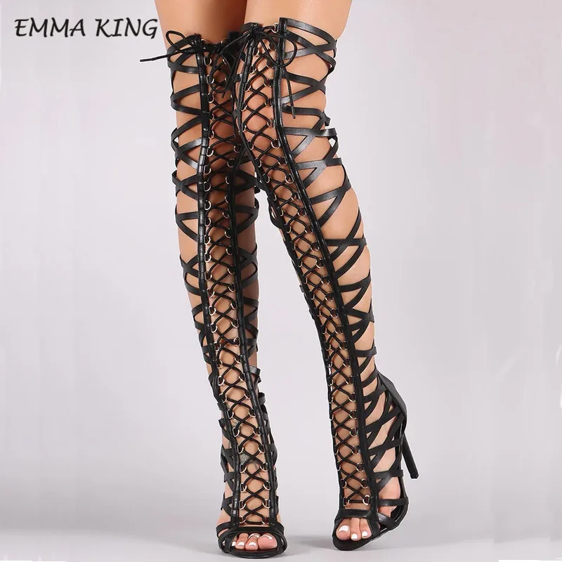 Black Emma king/летние сапоги до бедра с лазером женские босоножки на высоком каблуке с открытым носком женские Сапоги выше колена с перекрестной шнуровкой сандалии-гладиаторы - Цвет: Black