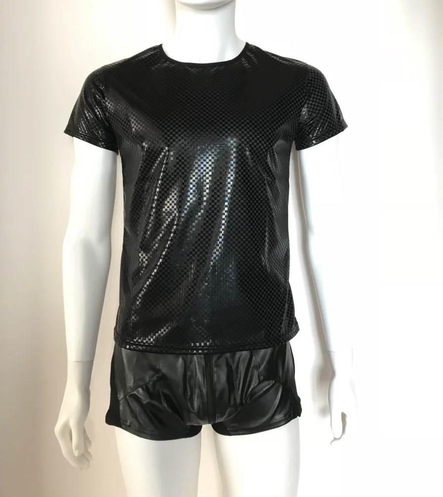 Латексные мужские сексуальные футболки в клетку из искусственной кожи майки