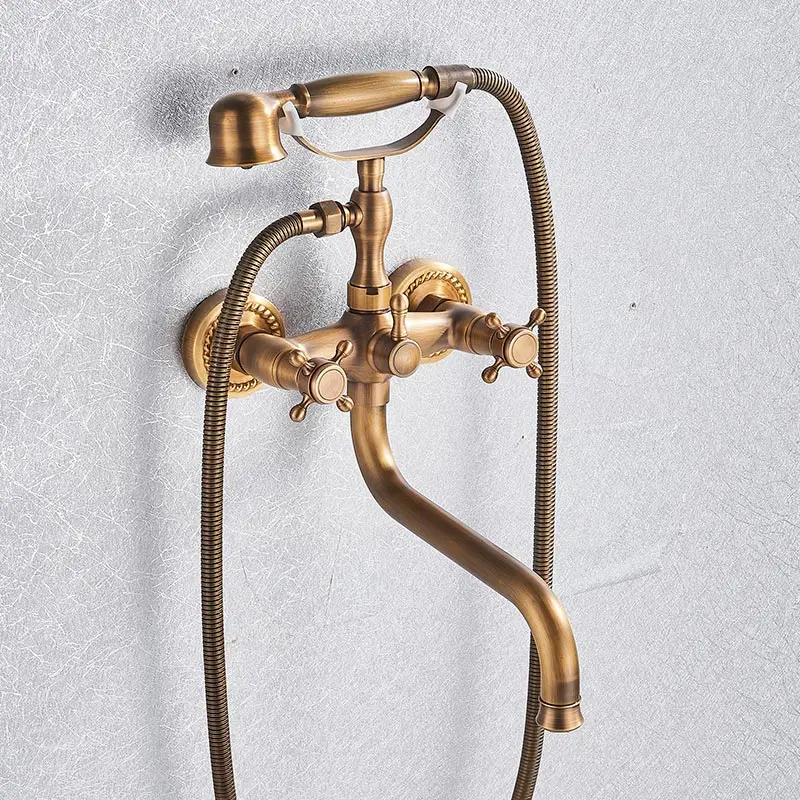 Antique Brass D Античная латунь Золотые Смесители Для ванны и душа набор с двумя ручками Смеситель кран настенный для ванны душевой набор Поворотный ванна носик Ванна Душ - Цвет: Antique Brass D