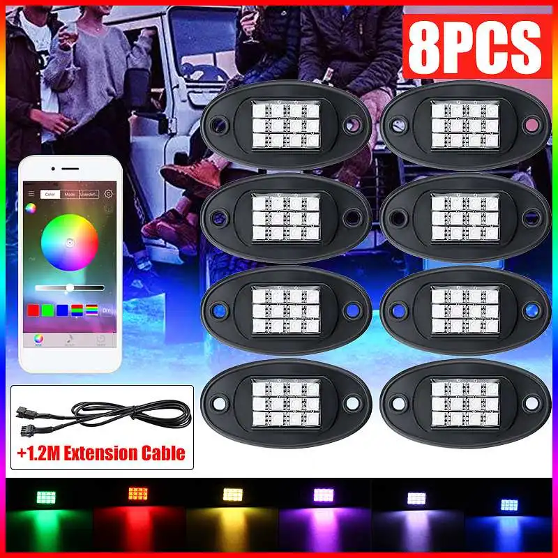 

NEW 8 In 1 LED Rock Light Under Body Light RGB Car Atmosphere Lamp bluetooth Offroad Pickup SUV ATV Truck Rock Lamp