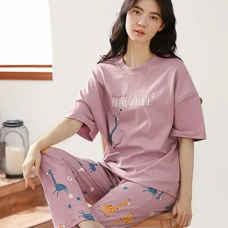 

Tonngirls Casual Print Plus Size Pyjamas Women Sets Short Sleeve Cotton Sleepwear For Women Pink Cartoon Cute Lounge Wear Summer